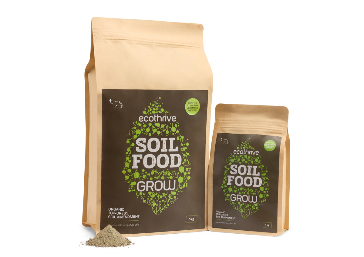 Ecothrive Soil Food Grow 5kg and 1kg pouches with the Grow label