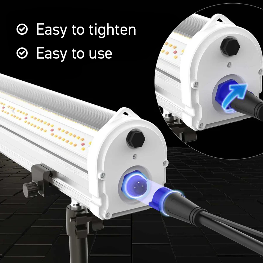 Elite 150W Under Canopy LED end cap and screw-lock power connector close-up