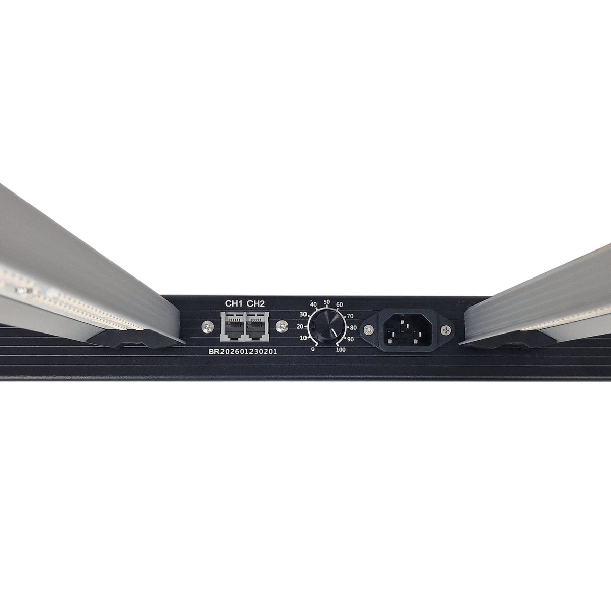 Elite 720W Pro 3.0 LED Grow Light control panel with CH1 and CH2 RJ ports, dimming dial and IEC power inlet