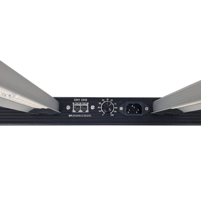 Elite 720W Pro 3.0 LED Grow Light control panel with CH1 and CH2 RJ ports, dimming dial and IEC power inlet