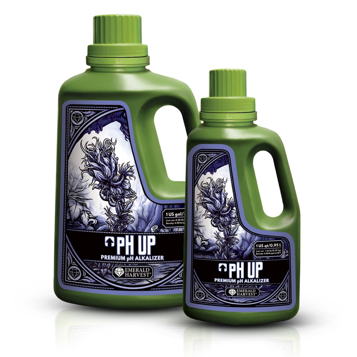 Emerald Harvest pH Up 3.79 litre and 0.95 litre bottles side by side