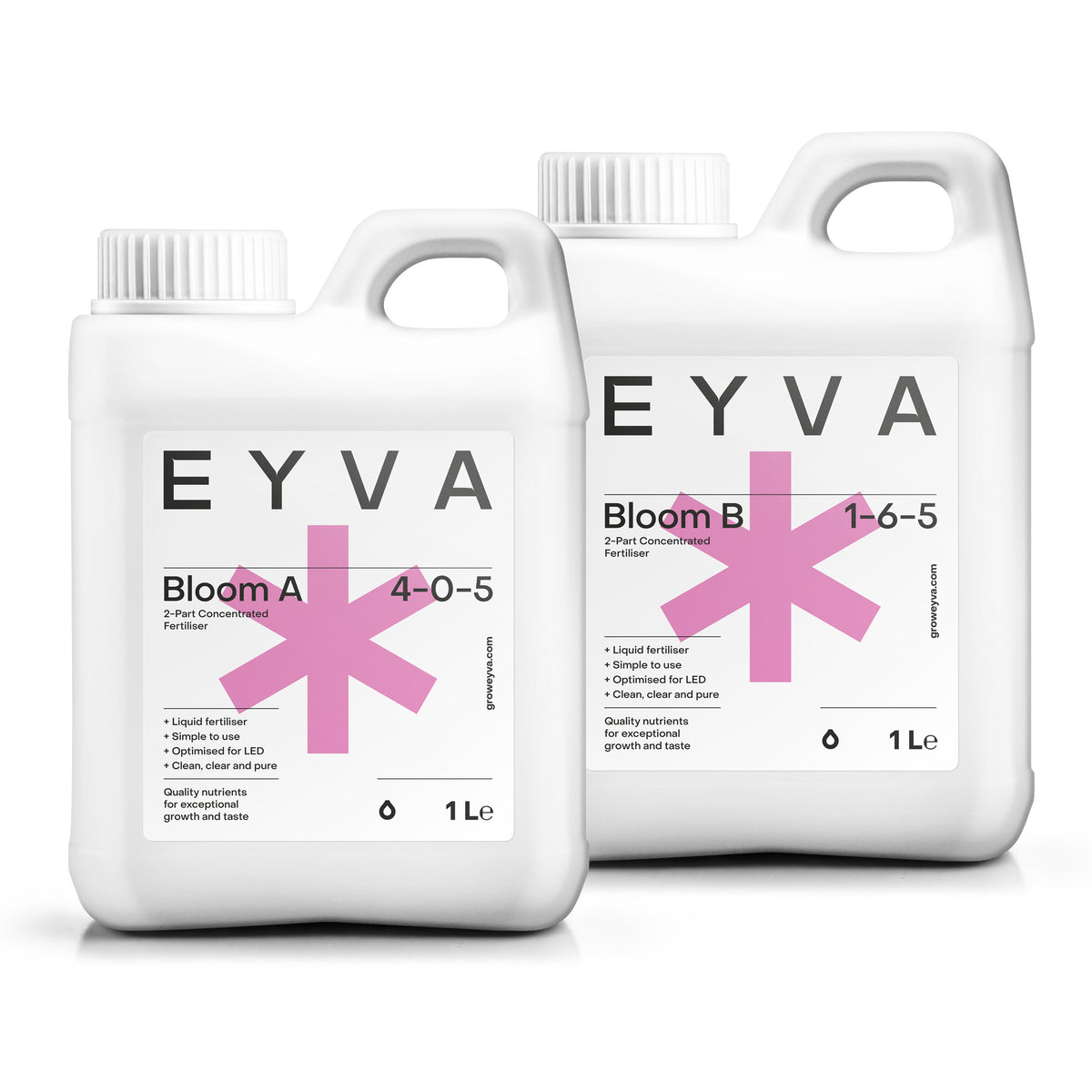 EYVA Bloom A and Bloom B 1 litre bottles side by side