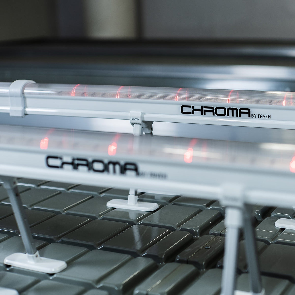 Faven Chroma Under Canopy LED Kit: Chroma bars on adjustable stands over a growing bench