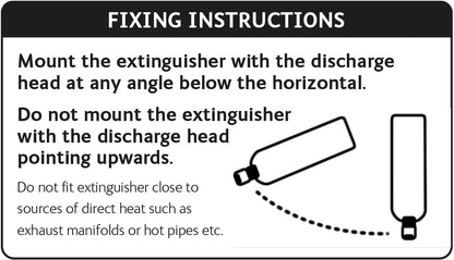 Fireblitz Automatic Fire Extinguisher fixing instructions: mount with the discharge head below horizontal, never pointing upwards