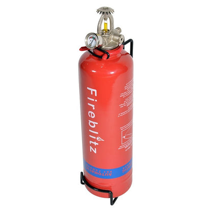 Fireblitz Automatic Fire Extinguisher FBA-P1 1kg on its wall bracket, showing the pressure gauge and heat-sensitive bulb head