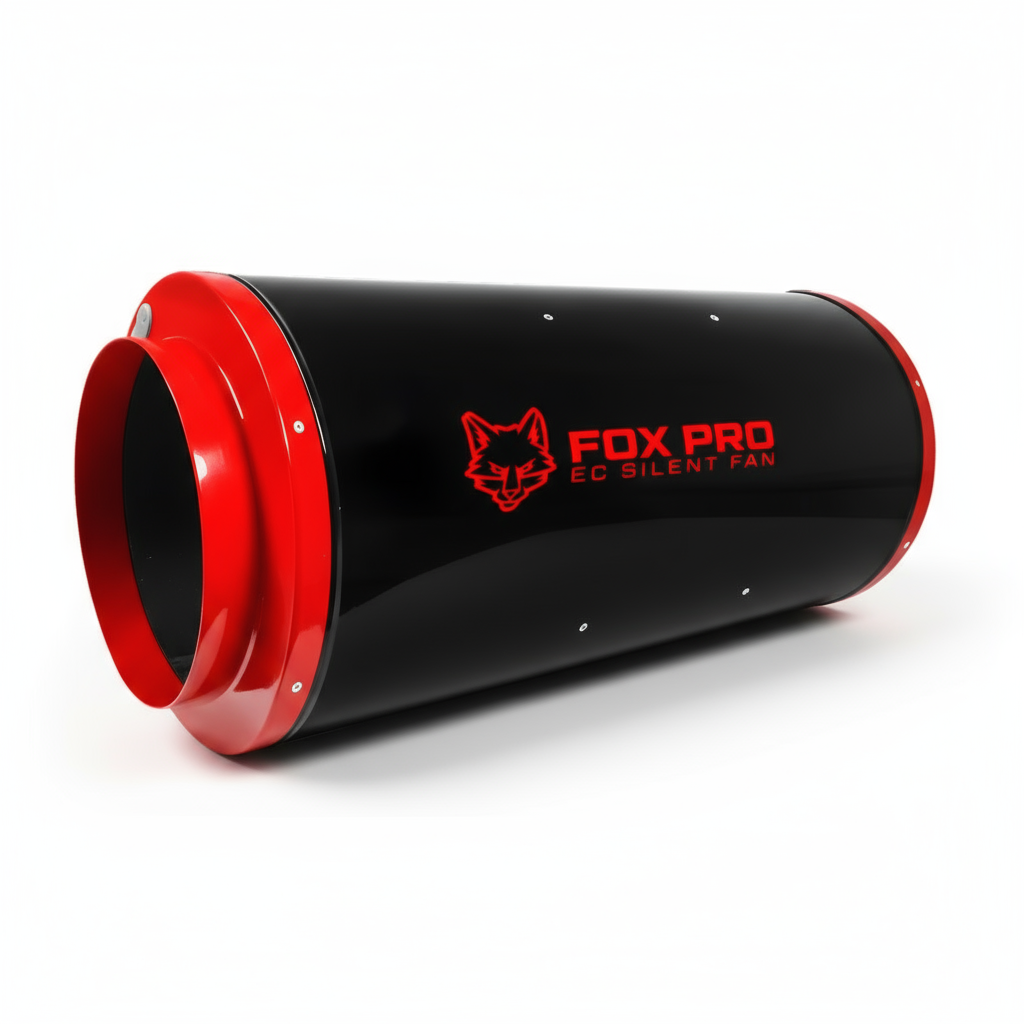 Fox Pro EC Silent Fan from a side angle showing the red flanges and mounting eyelets