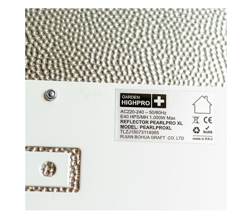 Garden HighPro PearlPro XL reflector specification label, confirming E40 HPS/MH up to 1000W