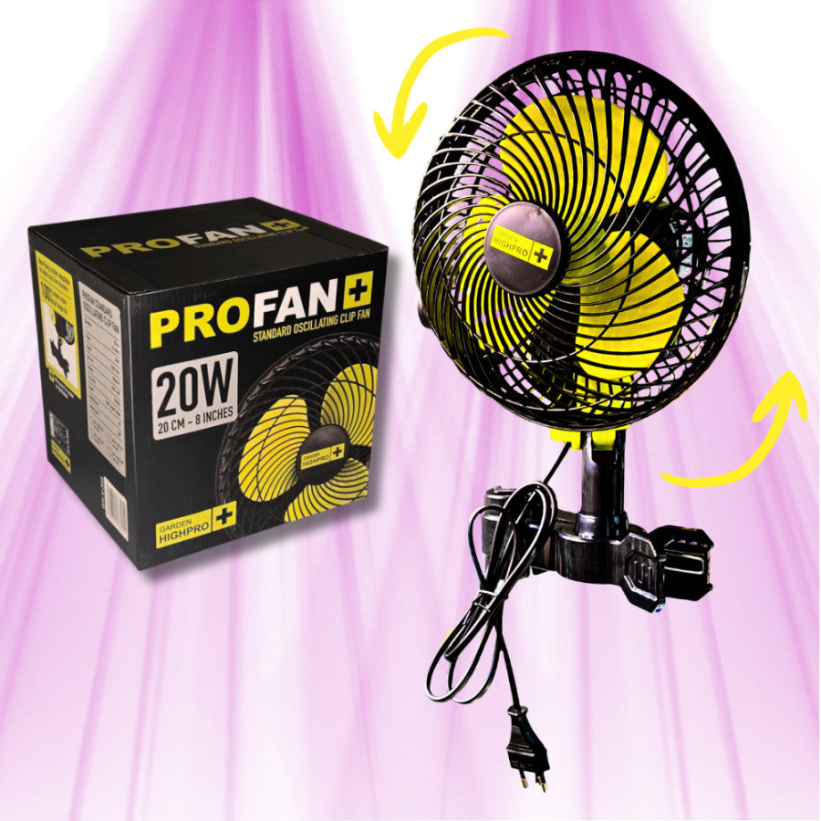 Garden HighPro ProFan 20W oscillating clip fan shown with its retail box, 20cm/8-inch grille