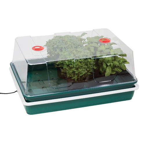 Garland XL High Dome Heated Propagator - green base with clear high dome cover and adjustable vents
