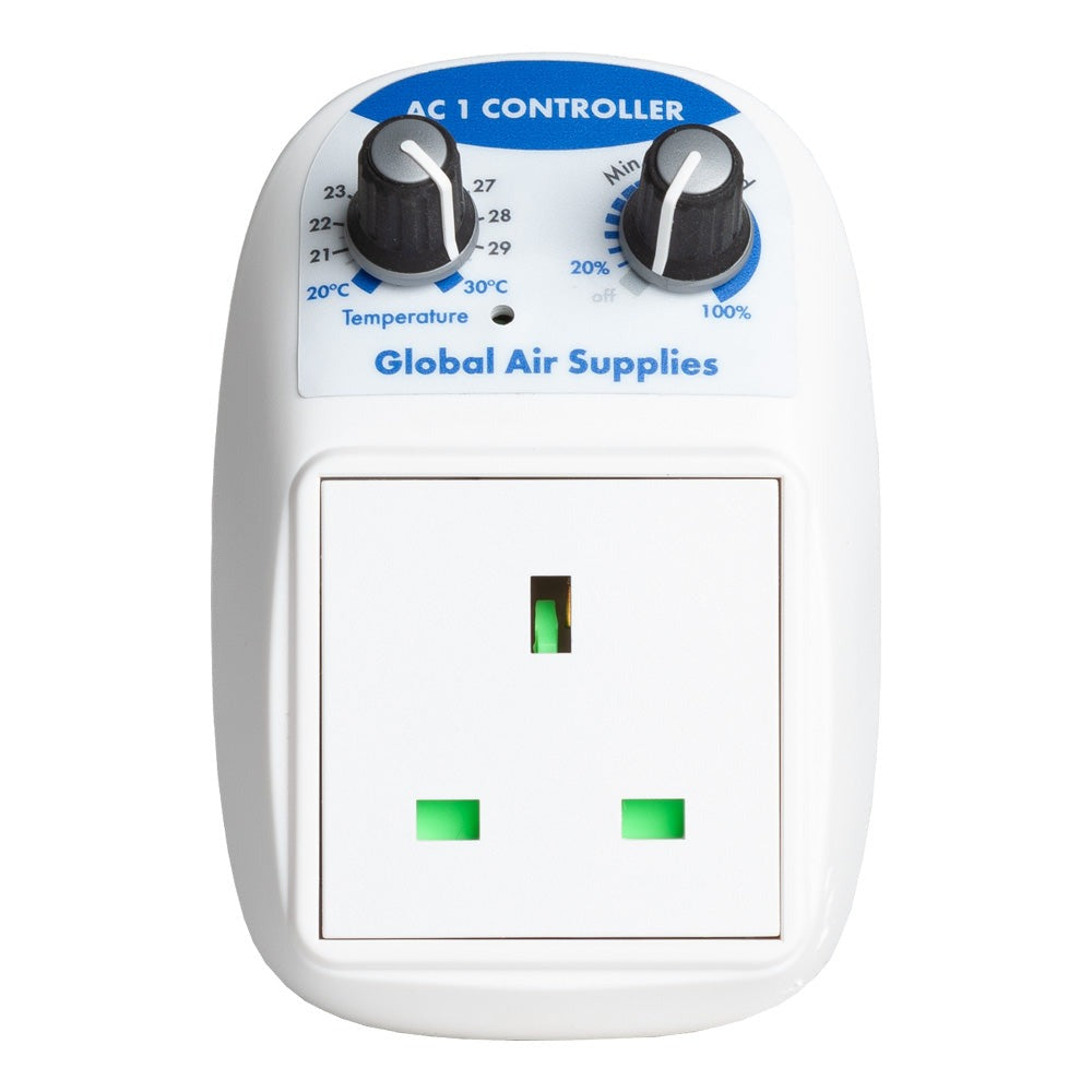 G.A.S AC1 Fan Controller close-up of the 20-30 degree temperature dial and minimum speed dial