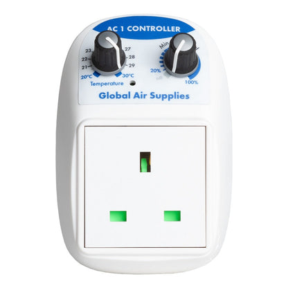 G.A.S AC1 Fan Controller close-up of the 20-30 degree temperature dial and minimum speed dial