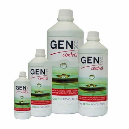 Gen200 Control bottles shown across the size range, from 100ml to 1 litre