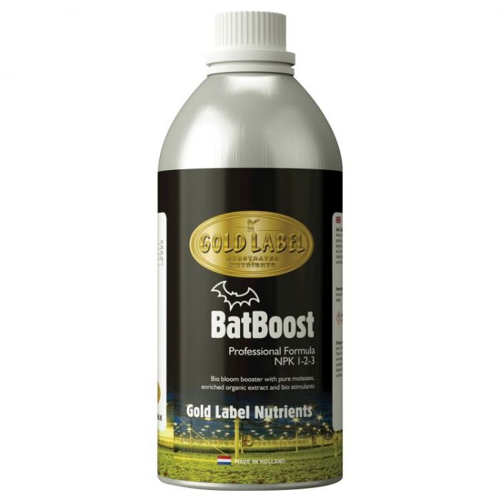 Gold Label BatBoost — silver bottle, organic molasses bloom stimulant
