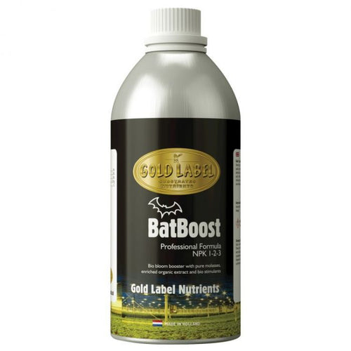 Gold Label BatBoost — silver bottle, organic molasses bloom stimulant