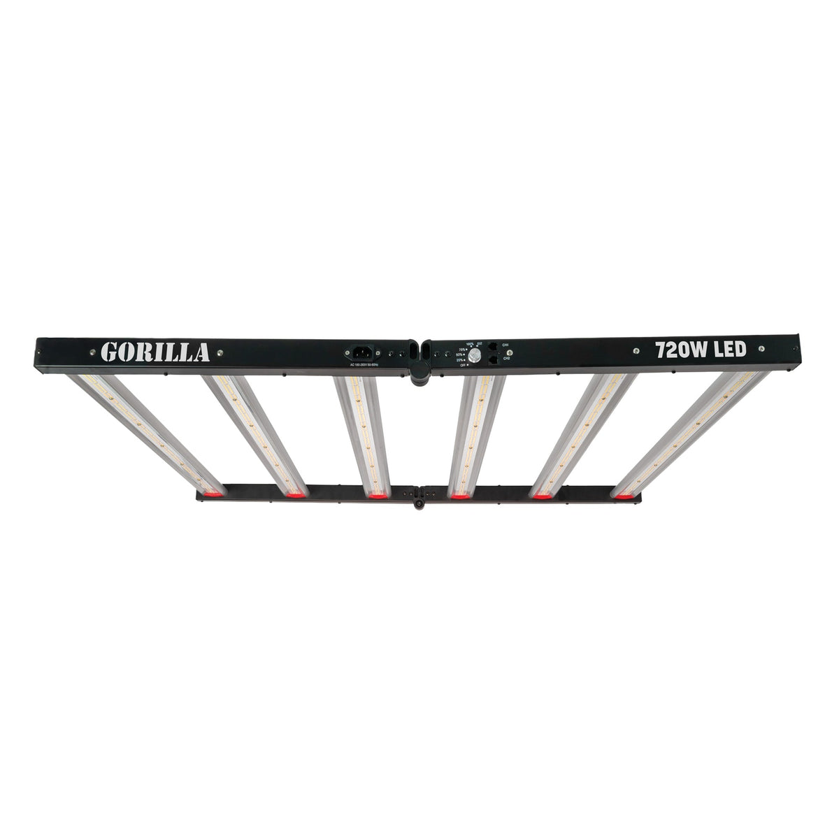 Gorilla 720W LED Gen-3, rear view showing the IEC power input, dimmer dial and CH1/CH2 0-10V ports