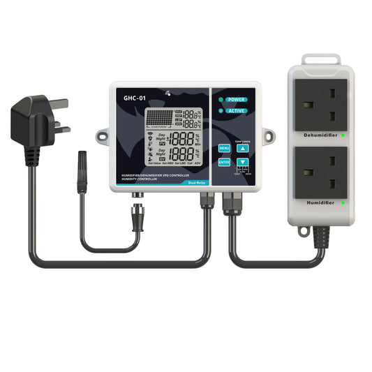 Gorilla GHC-01 controller, UK plug, humidity probe and the 2-outlet humidifier/dehumidifier switch box