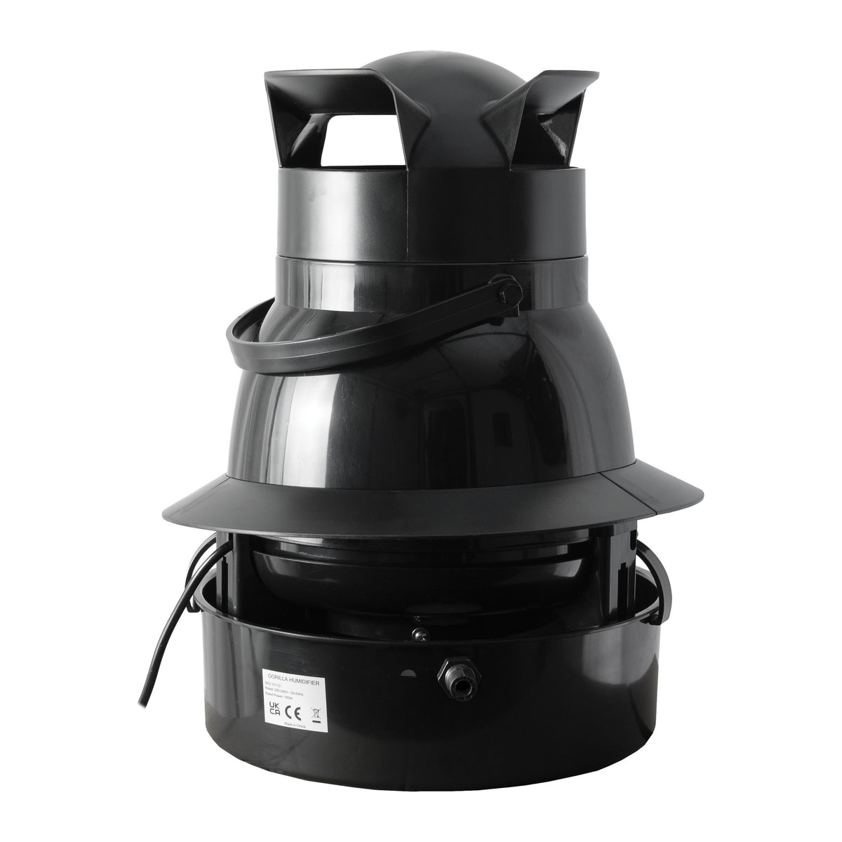 Gorilla Humidifier 50L, rear view showing the mist nozzle, carry handle and rated-power label