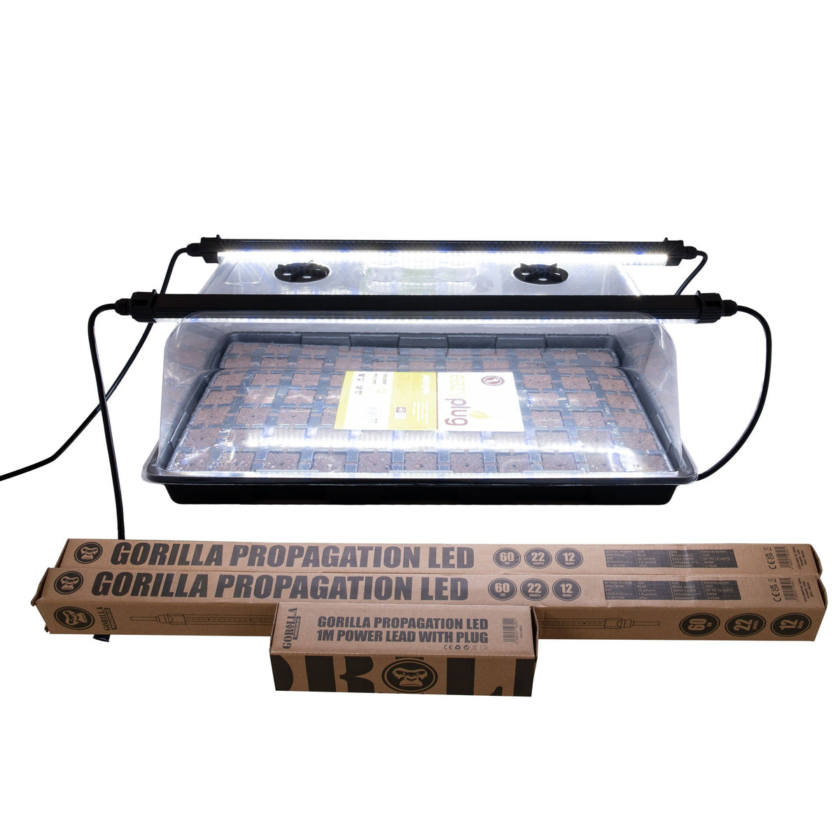 Gorilla Propagator with LED Strips — kit contents: propagator, two 60cm LED strips and 1m power lead (plug tray shown for illustration, not included)