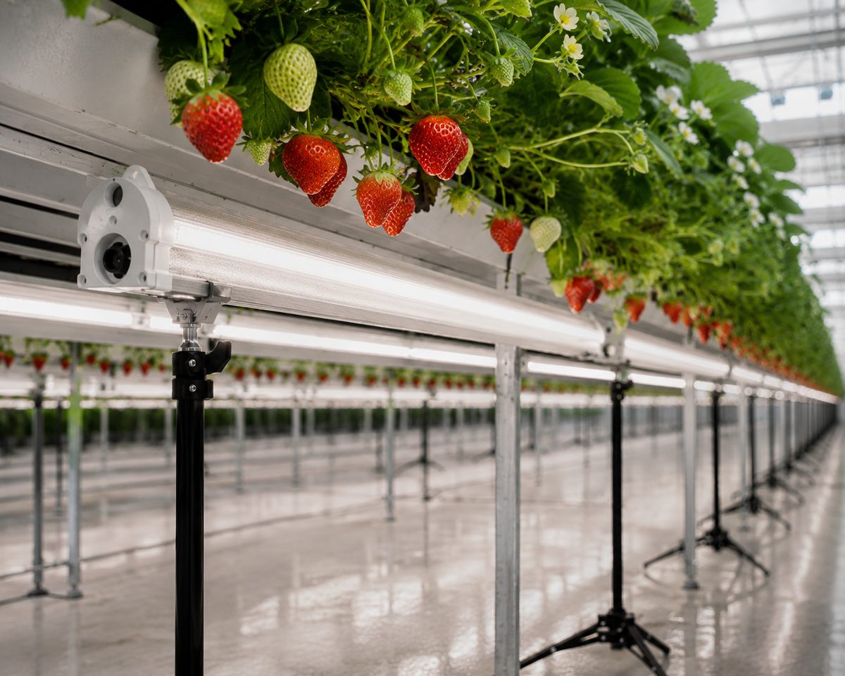 Gorilla Under Canopy LED 120W running under a row of strawberry plants on raised gutters