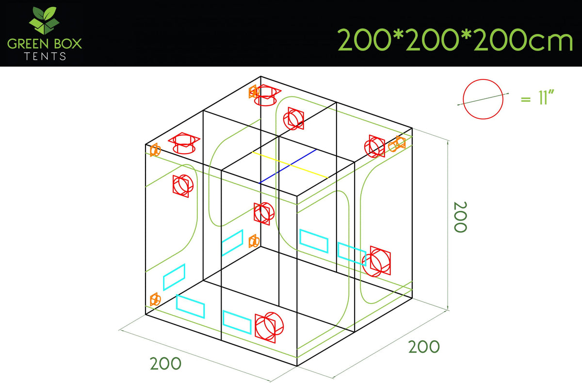 Green Box Tent 200 x 200 x 200 layout diagram showing duct sockets and vents