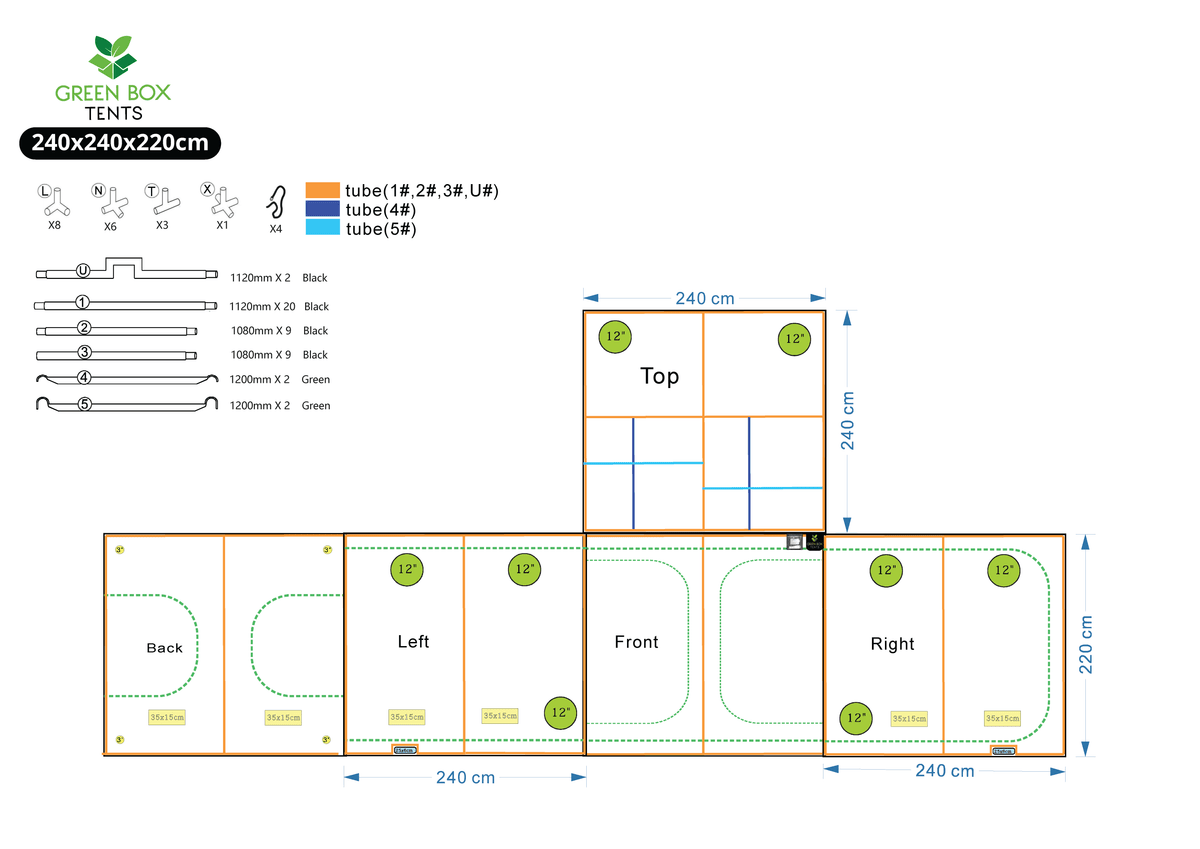 Green Box Tent 240 x 240 x 220 parts and panel layout diagram