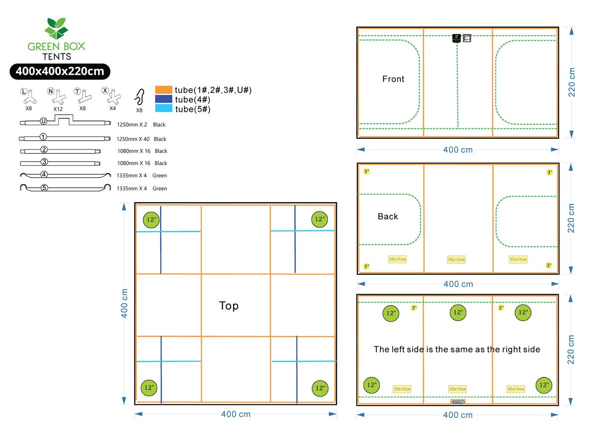 Green Box Tent 400 x 400 x 220 layout drawing - frame parts, doors, duct sockets and vents