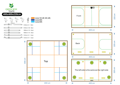 Green Box Tent 400 x 400 x 220 layout drawing - frame parts, doors, duct sockets and vents
