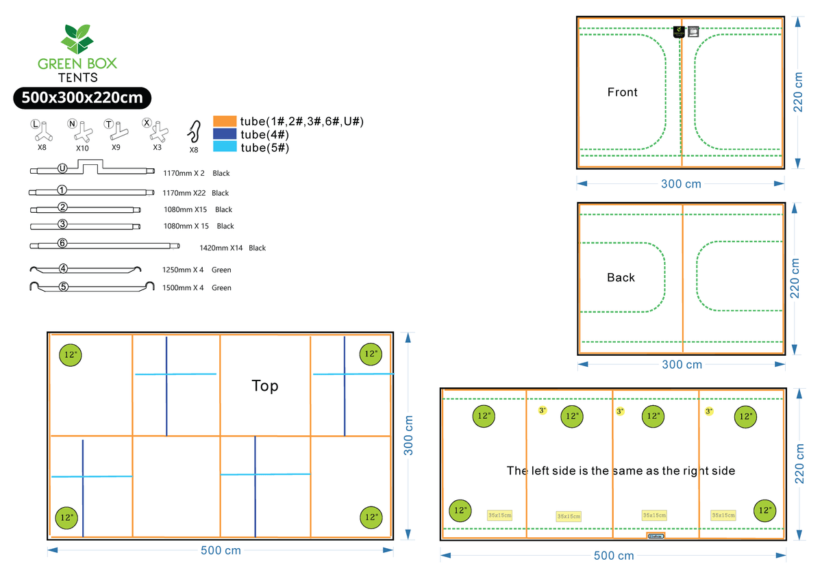 Green Box Tent 500 x 300 x 220 layout drawing - frame parts, doors, duct sockets and vents