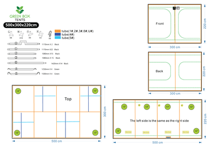 Green Box Tent 500 x 300 x 220 layout drawing - frame parts, doors, duct sockets and vents