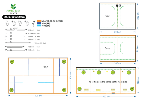 Green Box Tent 500 x 300 x 220 layout drawing - frame parts, doors, duct sockets and vents