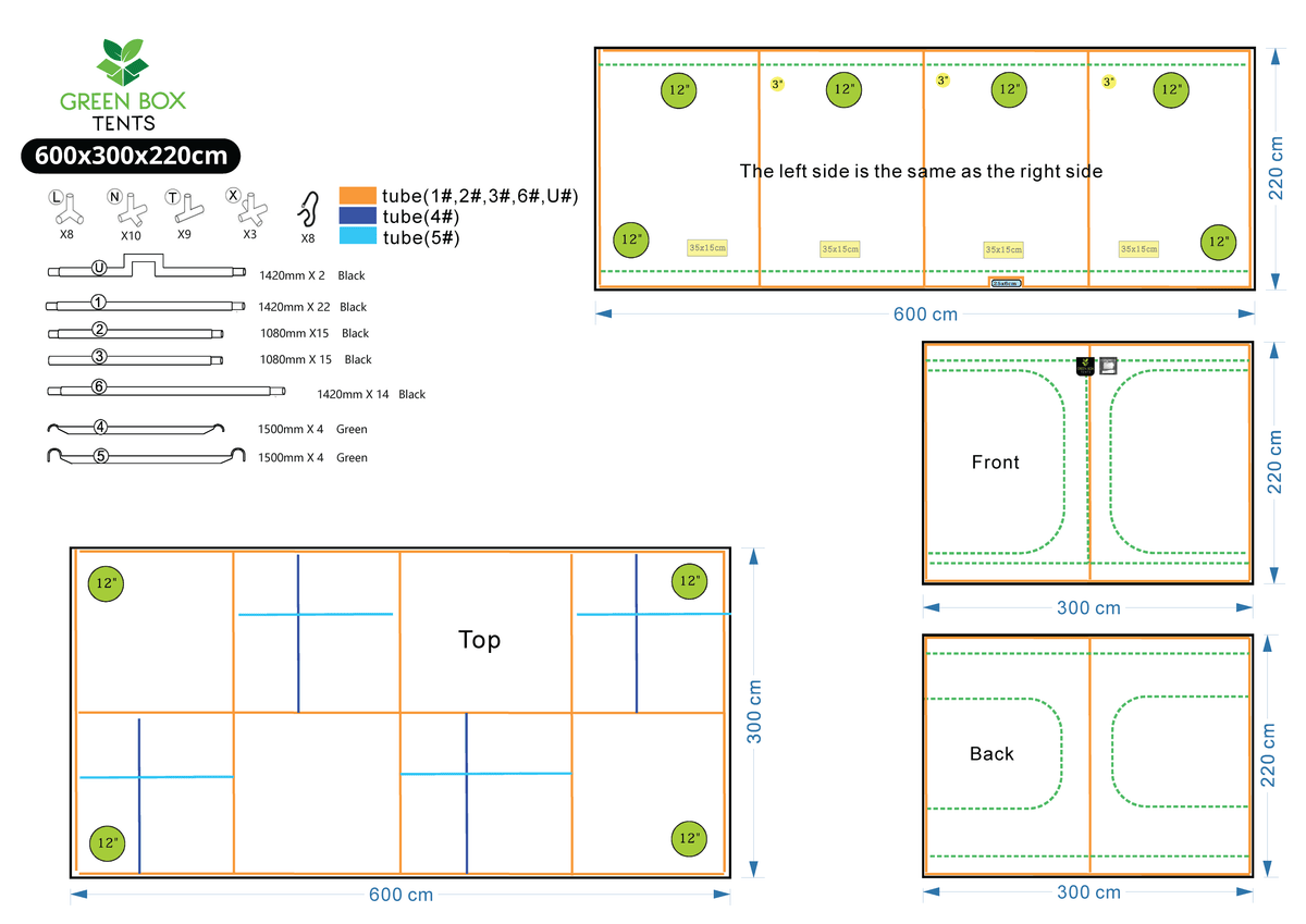 Green Box Tent 600 x 300 x 220 layout drawing - frame parts, doors, duct sockets and vents
