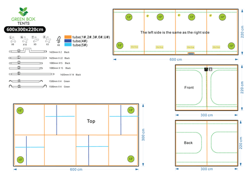 Green Box Tent 600 x 300 x 220 layout drawing - frame parts, doors, duct sockets and vents
