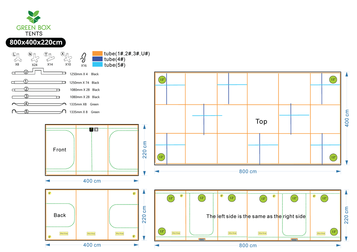 Green Box Tent 800 x 400 x 220 layout drawing - frame parts, doors, duct sockets and vents