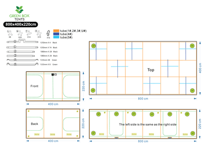 Green Box Tent 800 x 400 x 220 layout drawing - frame parts, doors, duct sockets and vents