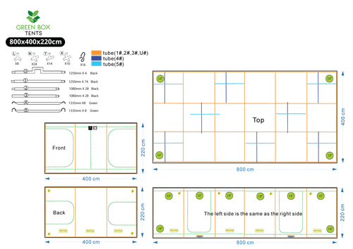 Green Box Tent 800 x 400 x 220 layout drawing - frame parts, doors, duct sockets and vents