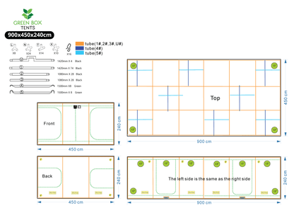 Green Box Tent 900 x 450 x 240 layout drawing - frame parts, doors, duct sockets and vents