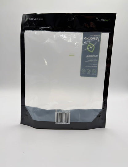 Grove Bags TerpLoc Curing Bags — 225g XL window pouch from the reverse, showing the Grove Bags and TerpLoc branding and size panel
