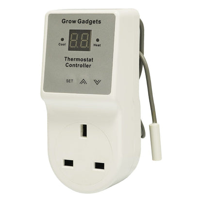 Grow Gadgets Temperature Controller, UK plug-through thermostat with LCD display and remote probe