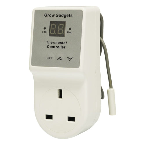 Grow Gadgets Temperature Controller, UK plug-through thermostat with LCD display and remote probe