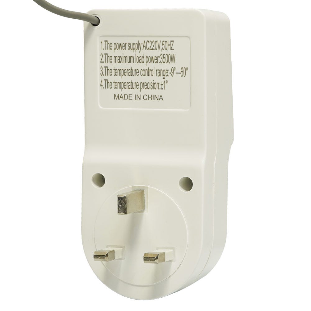 Grow Gadgets Temperature Controller rear view, showing the printed spec label and plug pins