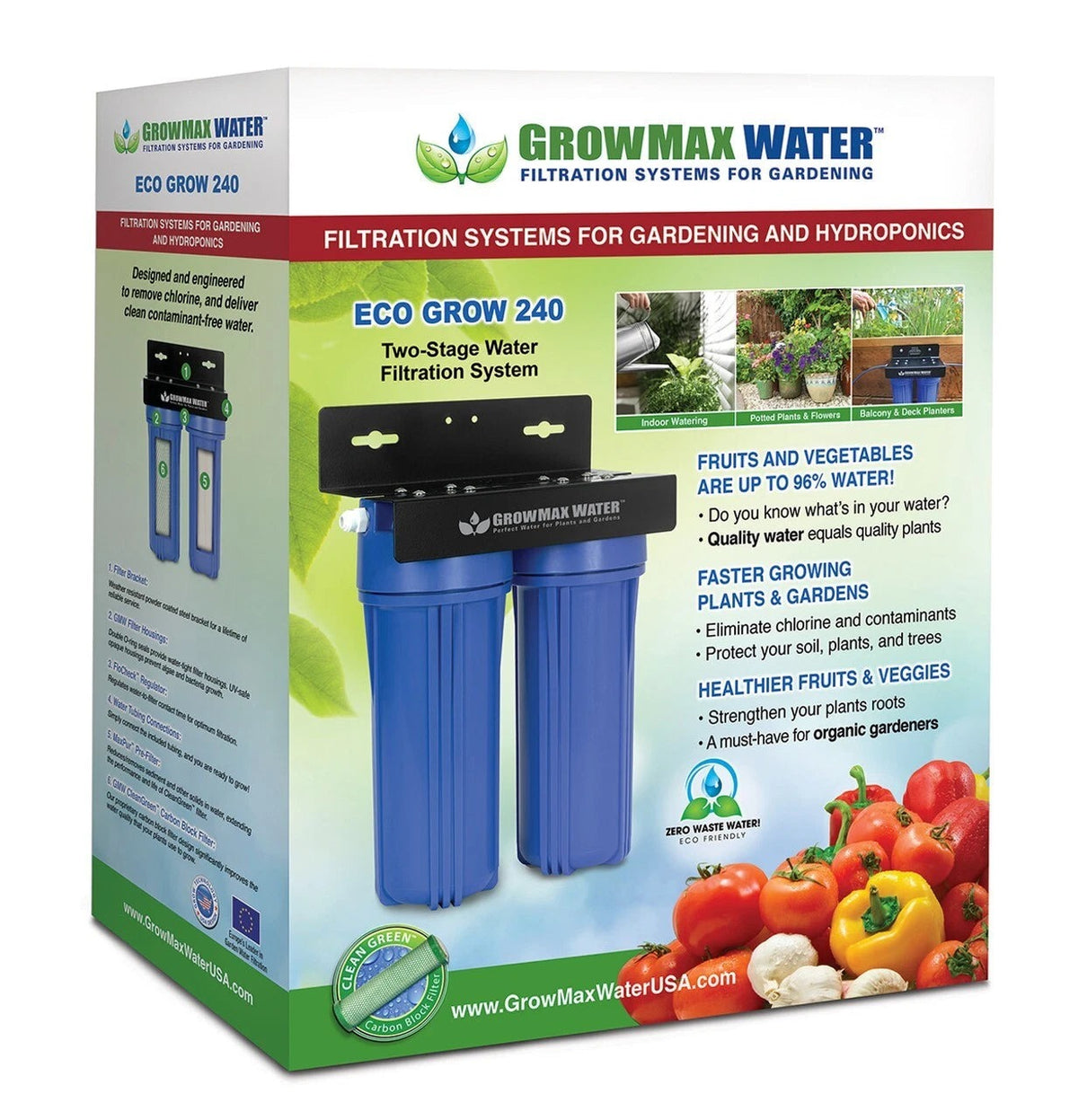 GrowMax Eco Grow 240 Water Filter packaging showing the two-stage filter unit and bracket
