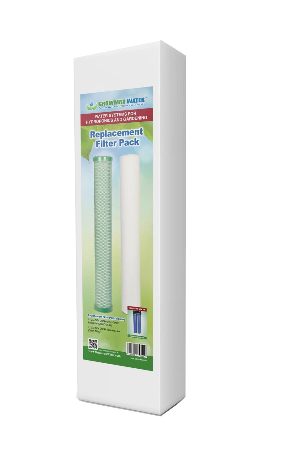 GrowMax Garden Grow Replacement Filter Pack — box with the green carbon block and 5 micron sediment filter