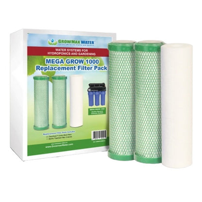 GrowMax Mega Grow Replacement Filter Pack — box with two green carbon blocks and a 5 micron sediment filter