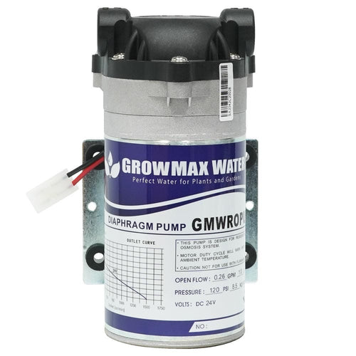 GrowMax Water Booster Pump Kit — GMWROPUMP 24V diaphragm pump and its rating label