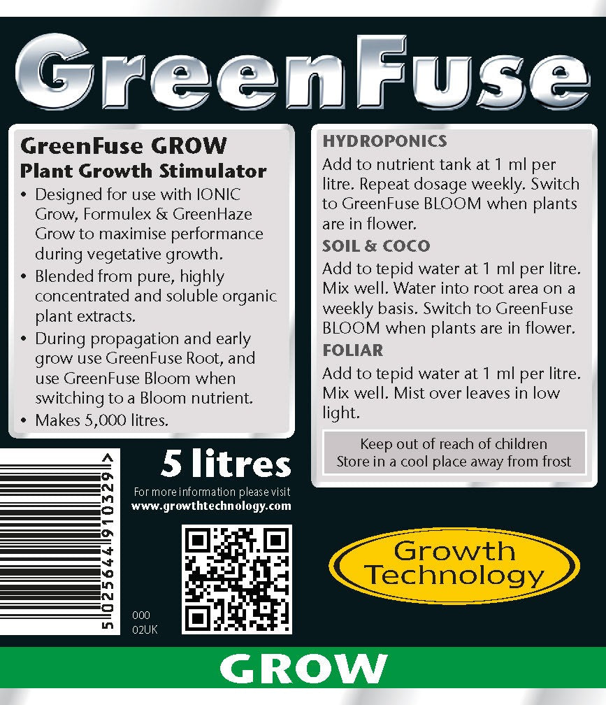 Growth Technology GreenFuse Grow label with hydroponic, soil, coco and foliar directions at 1 ml per litre