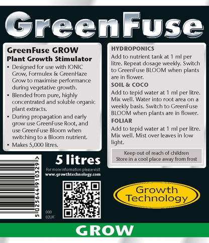 Growth Technology GreenFuse Grow label with hydroponic, soil, coco and foliar directions at 1 ml per litre