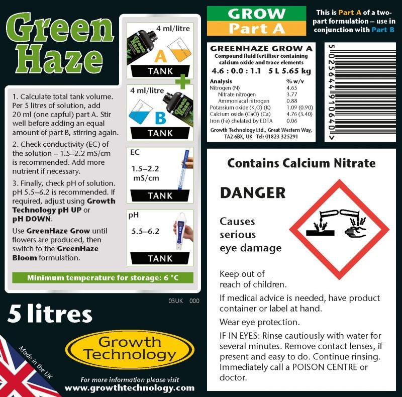 GreenHaze Grow A&B Part A label with directions, 4 ml per litre dose and analysis