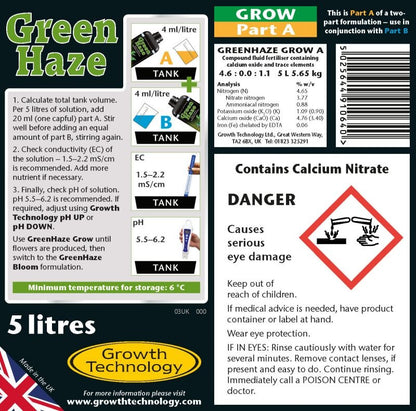 GreenHaze Grow A&B Part A label with directions, 4 ml per litre dose and analysis