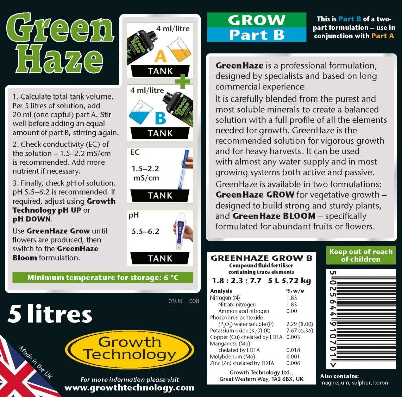 GreenHaze Grow A&B Part B label with product description and analysis