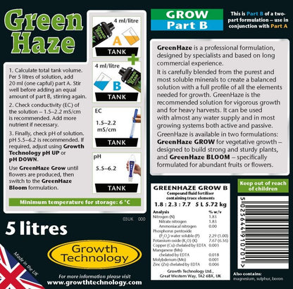 GreenHaze Grow A&B Part B label with product description and analysis